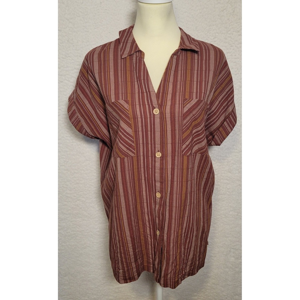ANA A New Approach Women's‎ Size L Striped Blouse Top Short Sleeve Button 0998